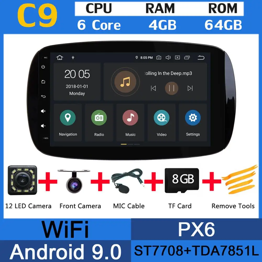 " Android 9,0 PX6 4G+ 64G Автомобильный мультимедийный радиоприемник CarPlay gps DSP плеер для Mercedes Benz Smart Fortwo - Цвет: PX6