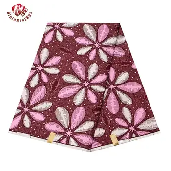 

BintaRealWax Africa Pink Flowers Fabric 100% Polyester Maroon Background Cloth High Quality 6 yards Cloth for Party Dress FP6310