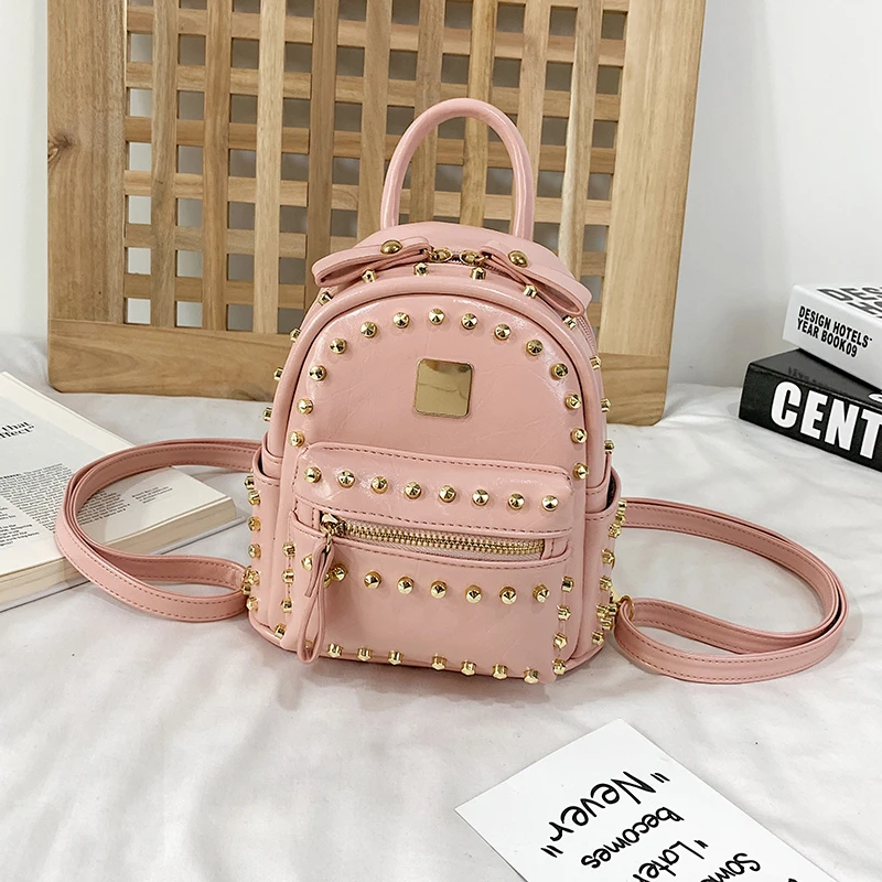 Pink Модные женские маленькие рюкзаки из искусственной кожи с заклепками, однотонные мягкие дорожные сумки на молнии, Mochila Feminina, школьные сумки для девочек-подростков - Цвет: Pink