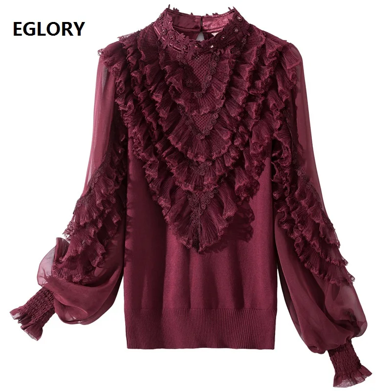 

Newest Fashion Sweaters 2020 Autumn Winter Runway Tops Women Hand Made Beading Ruffle Flowers Deco White Red Black Pullovers