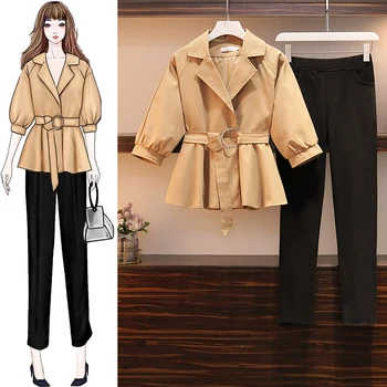 

Big Yards Plus Size L -4XL Women Autumn 2019 New Winter Leisure Trench Coat Black Pants Covering Belly Two-Piece Clothing Set