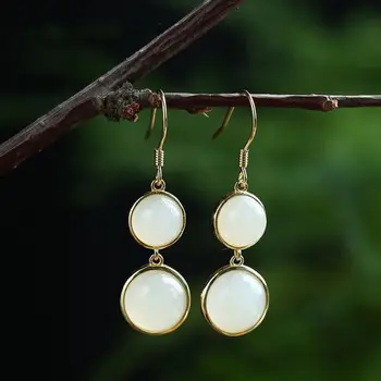 

Natural Hetian white jade double ring earrings Chinese style retro ethnic minority design elegant women's Christmas gift
