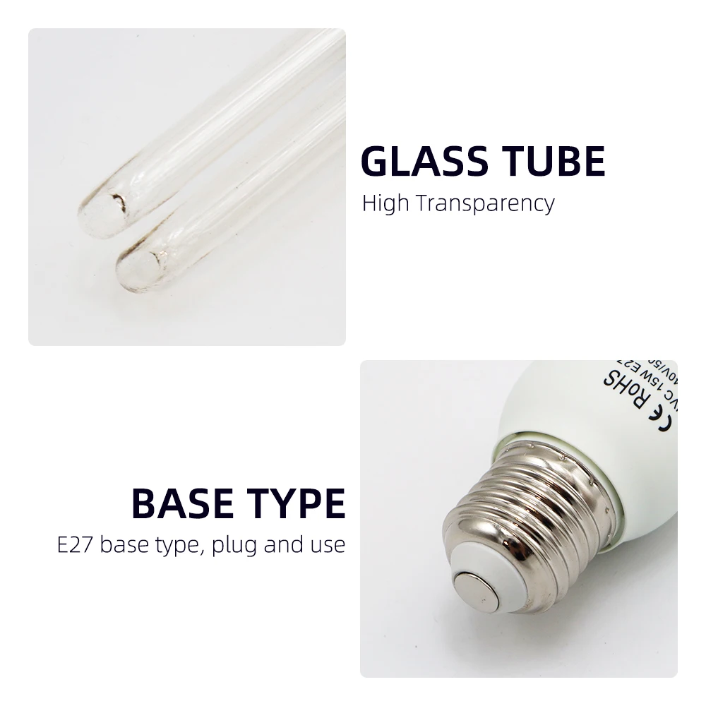 UV Disinfection Lamp Ozone Free Ultraviolet Sterilizing Bulbs UVC AC220-240V 15W E27 253.7nm