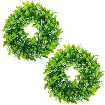 

2 Pack Artificial Boxwood Wreath Faux Artificial Green Leaves Wreath Front Door Hanging Wreath Decoration, 10 Inches