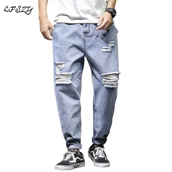 

Jeans Men 2020 New Tide Brand Loose Large Size Light Blue Nine Pants Straight Casual Tattered Pants More Sizes M-4XL 5XL