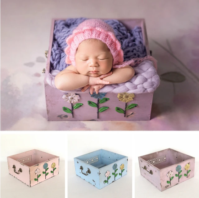 

Newborn Baby Photography Prop Baby Posing Container Flower Wooden Box Infant Shoot Accessory Purple Drawer Box Photo Studio Prop
