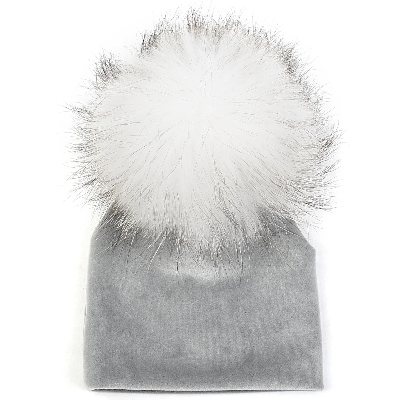 gray white Nebworn зимнее теплое платье из плотной ткани, шапки-бини с 15 см енота меховым пом Шапки для маленьких мальчиков и девочек мягкая детская шляпа для малышей - Цвет: gray white