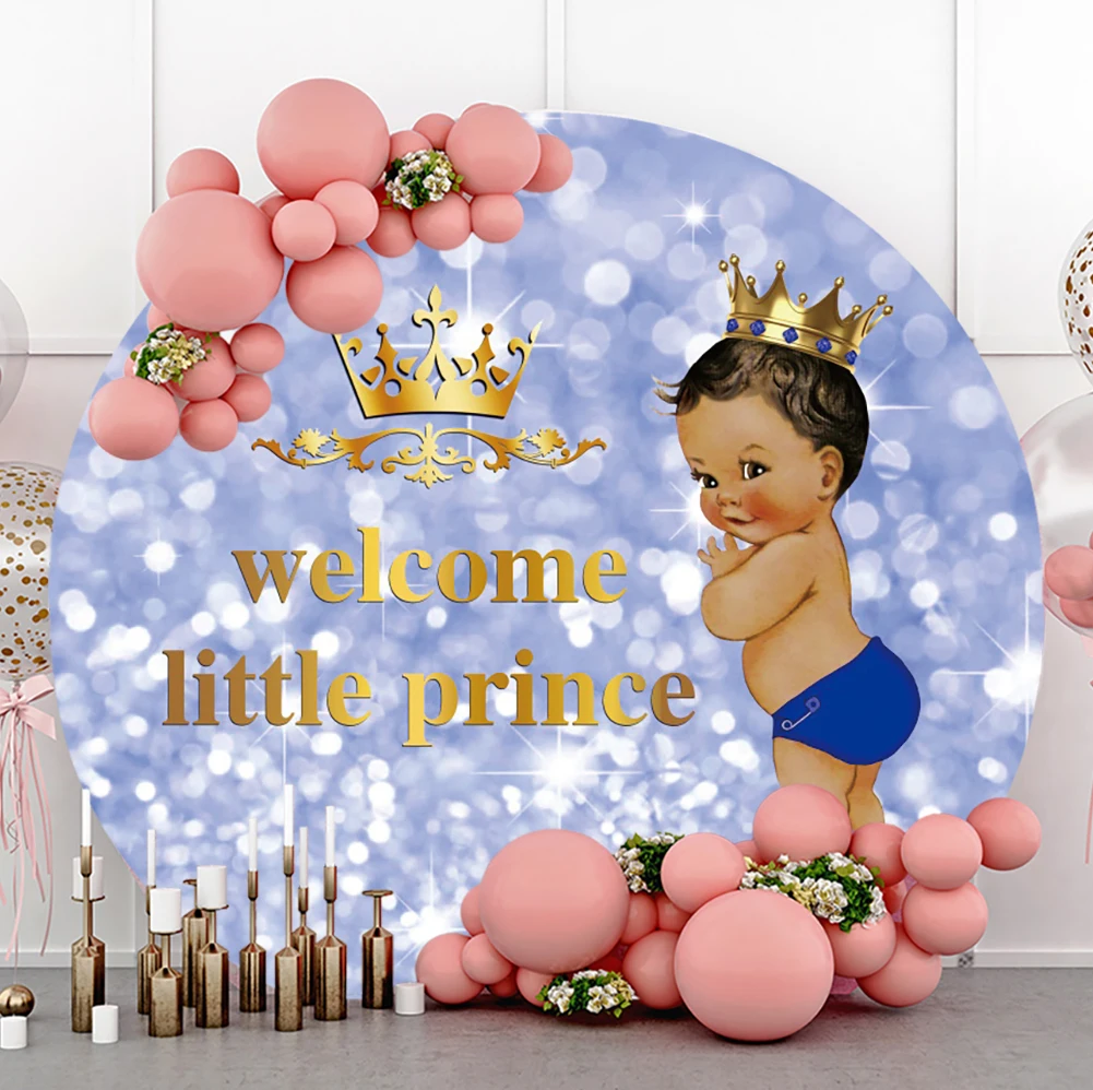 

Welcome Little Prince Newborn Party Round Photography Background Baby Shower Birthday Blue Shining Light Bokeh Photo Backdrop