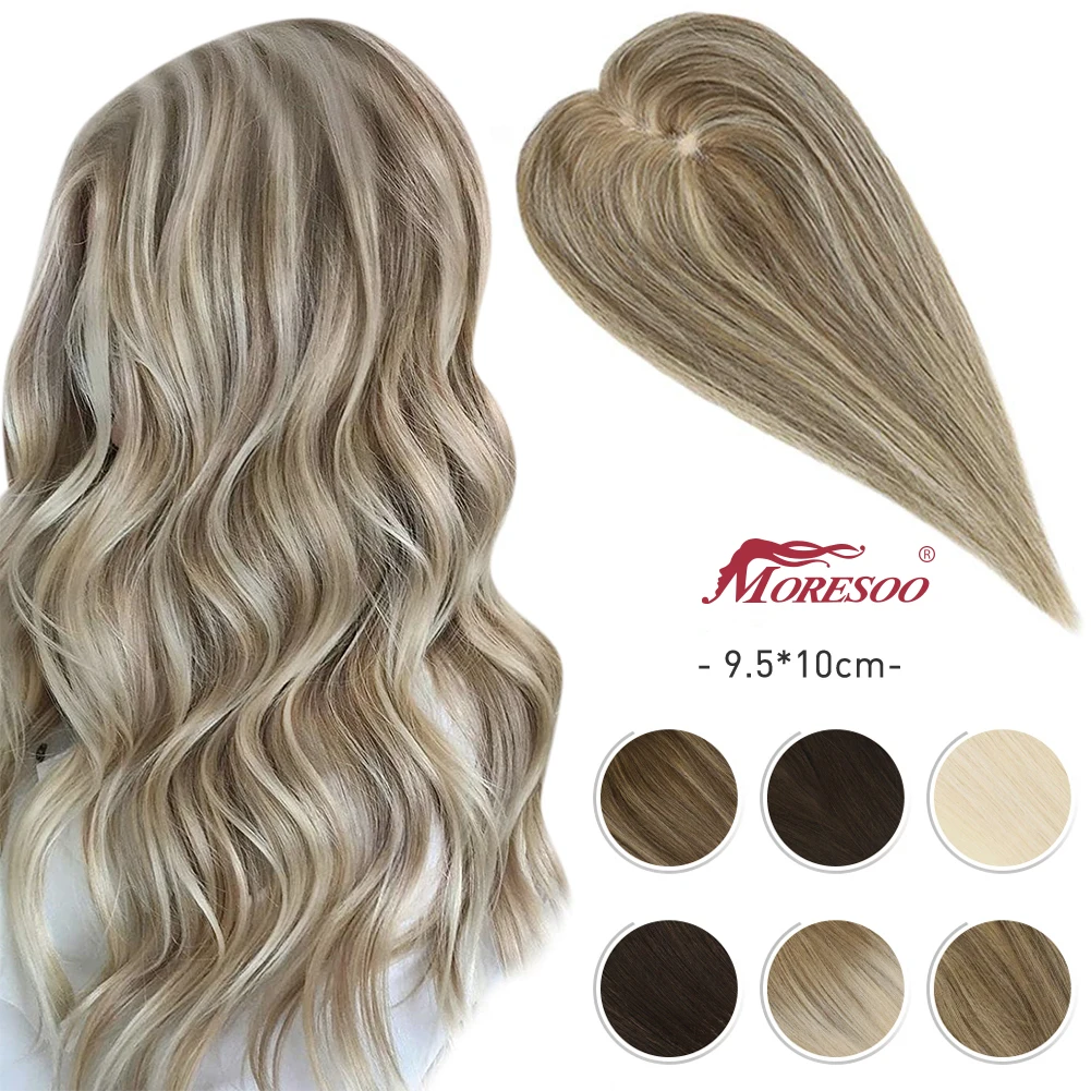 Moresoo Human Hair Toppers Clip in Extensions 9.5*10cm 8-12inch Natural Straight Highlight Color Machine Remy Hair for Women
