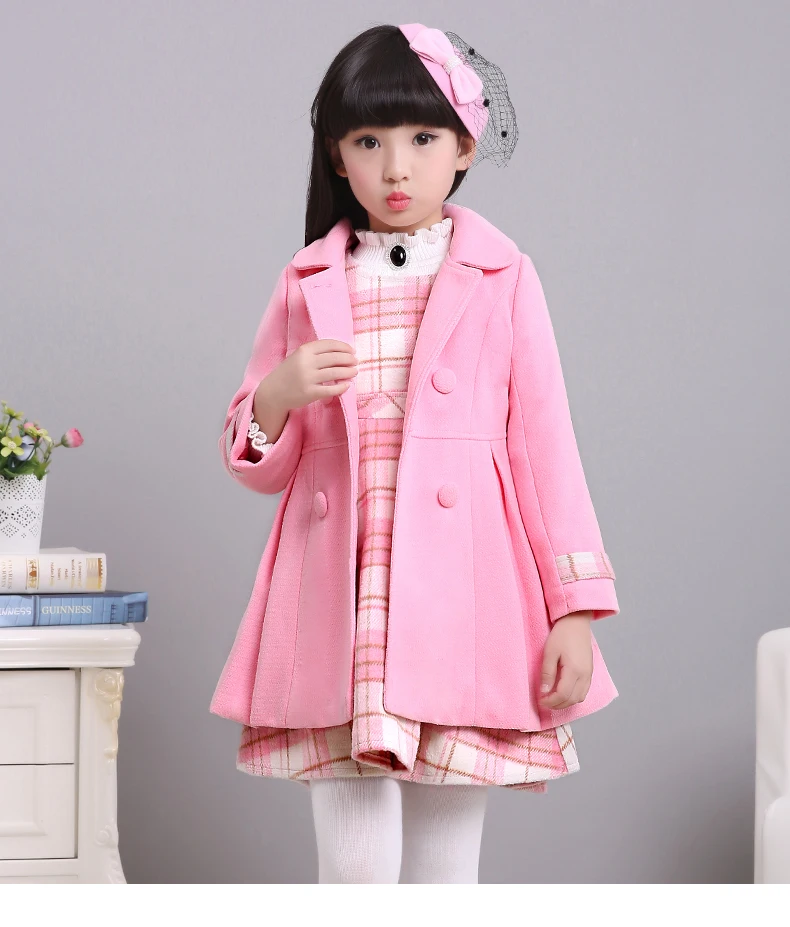 pink coat and dress Специальное предложение, Детская шерстяная одежда костюм из 2 предметов осенне-зимний плащ для девочек клетчатое платье-жилет комплект детской шерстяной одежды, X486 - Цвет: pink coat and dress
