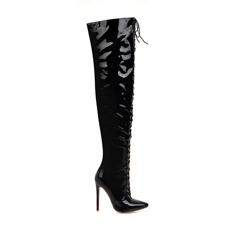 Высокие сапоги на высоком каблуке размера плюс 48 женские пикантные ботфорты из лакированной кожи на шнуровке женская обувь для танцев в ночном клубе