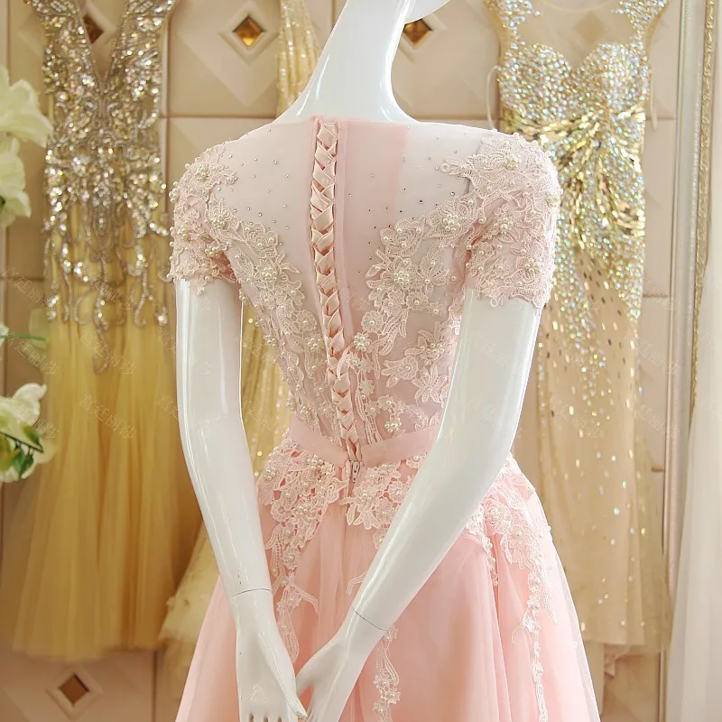 Robe de soiree вечернее платье для выпускного вечера vestido de festa аппликационные жемчужины для кружева дешевые розовые платья с короткими рукавами для матери невесты