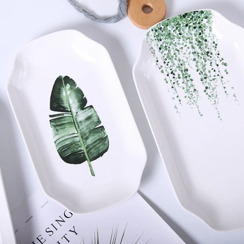

INS Northern European-Style Creative Green Plant Fish Dish Household Rectangular Plate Ceramic Plate Cutaway Disk Tableware Bowl