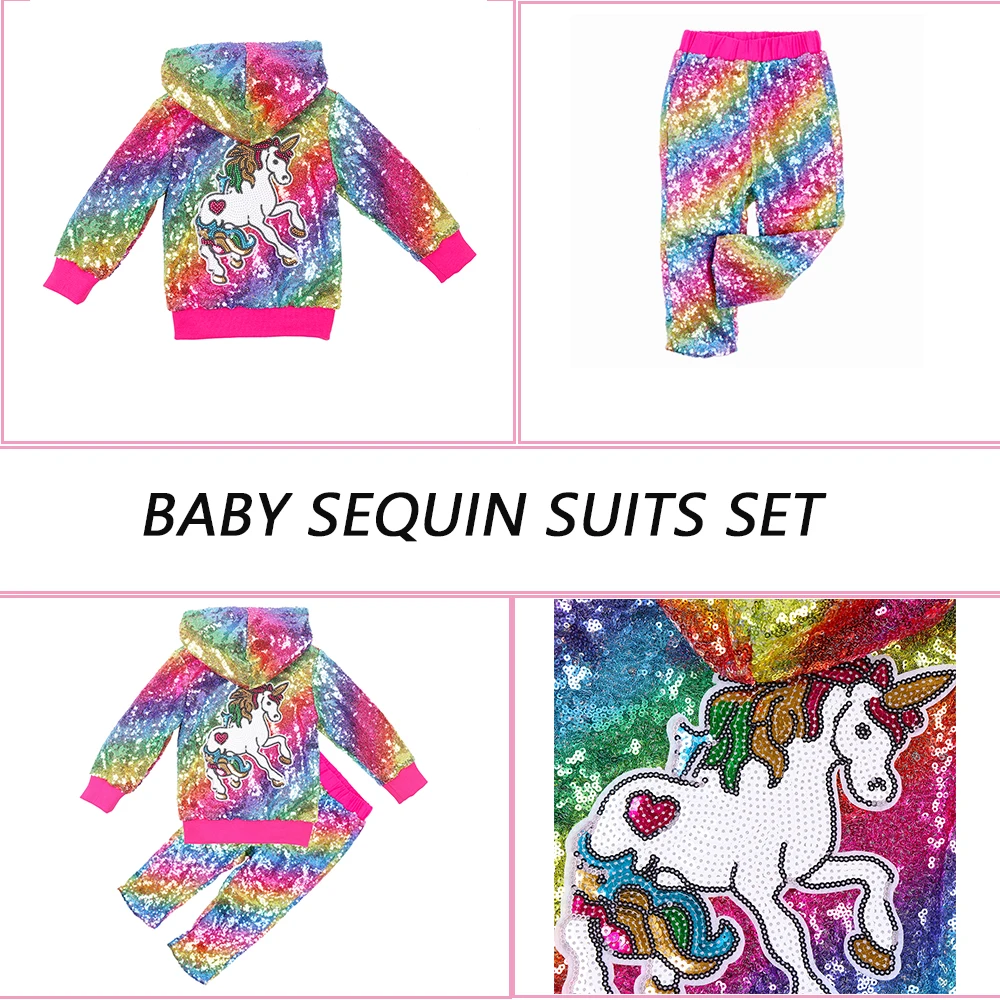 Baby Boys Girls Sequin Unicorn Jacket Hooded Suits with Pants Autumn Winter New Fashion Christmas Clothes for Toddler