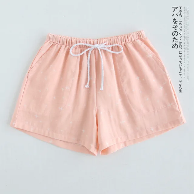 Couple pajamas summer cotton gauze shorts Japanese style simple elastic waist casual large size lattice men and women home pants Lady  pink stars