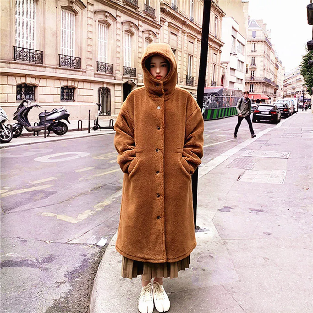 Small Grain Lambskin Winter Coat Women Casual Hooded Pocket Button Solid Warm Long Coat Loose Padded Windbreaker Outwear