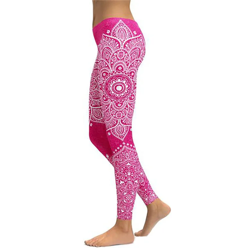 Pink Black Mandala Yoga Pants Women New Sexy Fitness Sports Leggings Yoga Broek Workout Sport Gym Leggings Flower Print 4 Colors