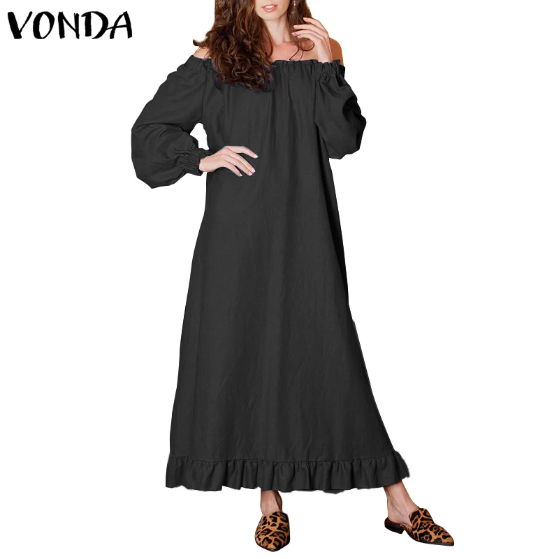 VONDA/платье для беременных; сезон осень-лето года; повседневное Свободное платье с рукавами-фонариками; Vestido; длинное платье-макси с открытыми плечами; Femme; сарафан; 5XL - Цвет: Черный
