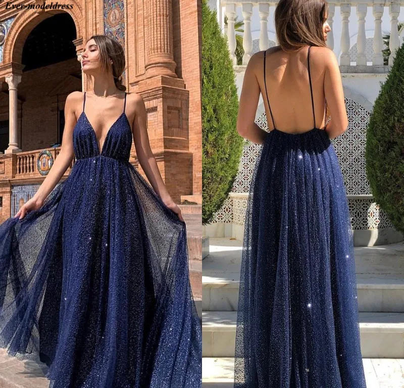 

Sparkly Prom Dresses long Backless Spaghetti Straps V-Neck Sweep Train A-line Shiny Evening Party Gowns Robe De Soiree 2019