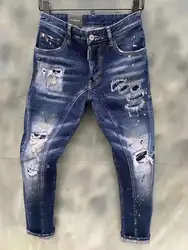 Dsquared2 de tendencia de moda para hombres, Jeans de moto lavados, desgastados, con agujeros, puntos de pintura, T125 #, 2021
