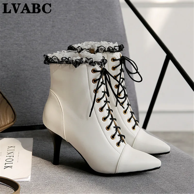 

LVABC 2020 new Elegant Ruffles Bride Wedding Boots White Lace Up Side Zipper Stiletto High Heels Ankle Boots Women Shoes Fashion