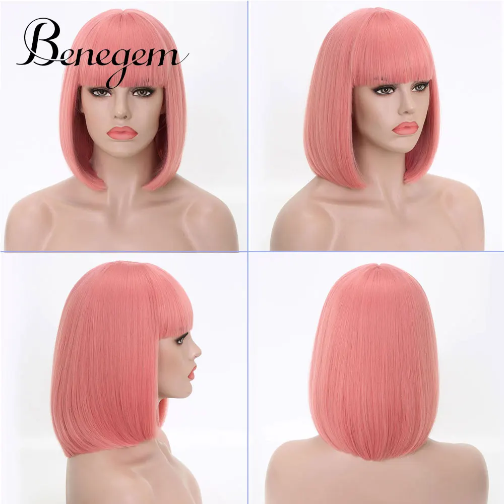 Ash Pink Benemge черный боб парик с челкой короткие прямые некружевные синтетические косплей костюм вечерние парики для женщин - Цвет: Ash Pink