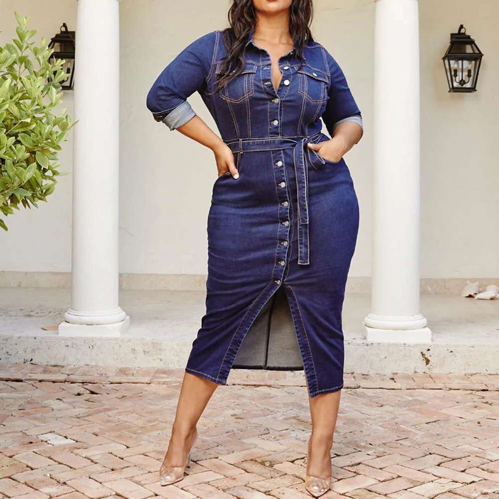 

Denim Women Dress Plus Size Spring Casual 2020 Plain Long Sleeve Day Bodycon Dresses Robe With Belt Female Dresses