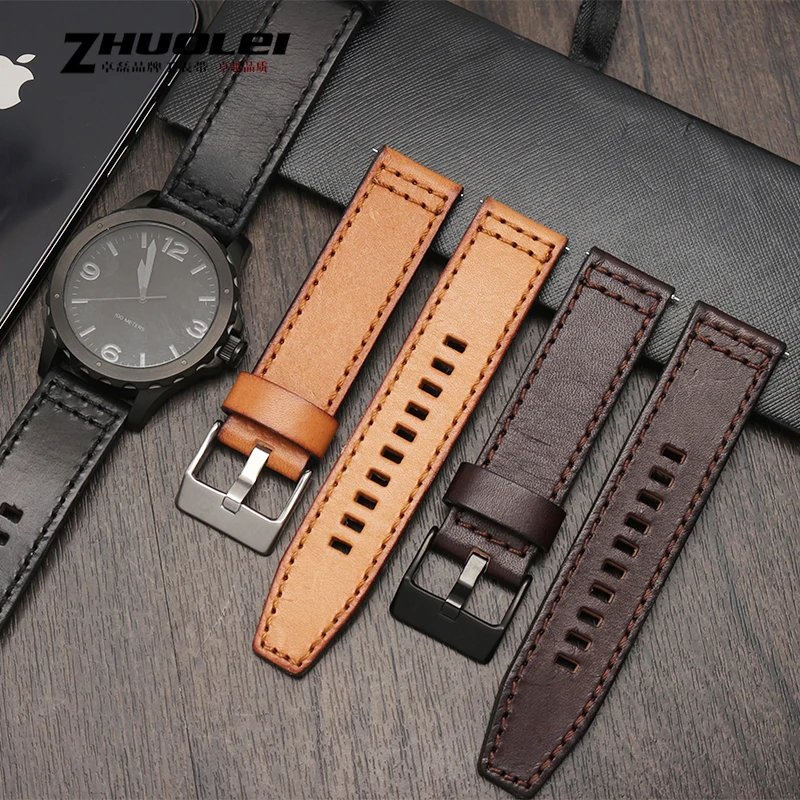 High-Quality Retro Quick Release Genuine Leather Watchband Strap - Black/Dark Brown, 22mm/24mm
