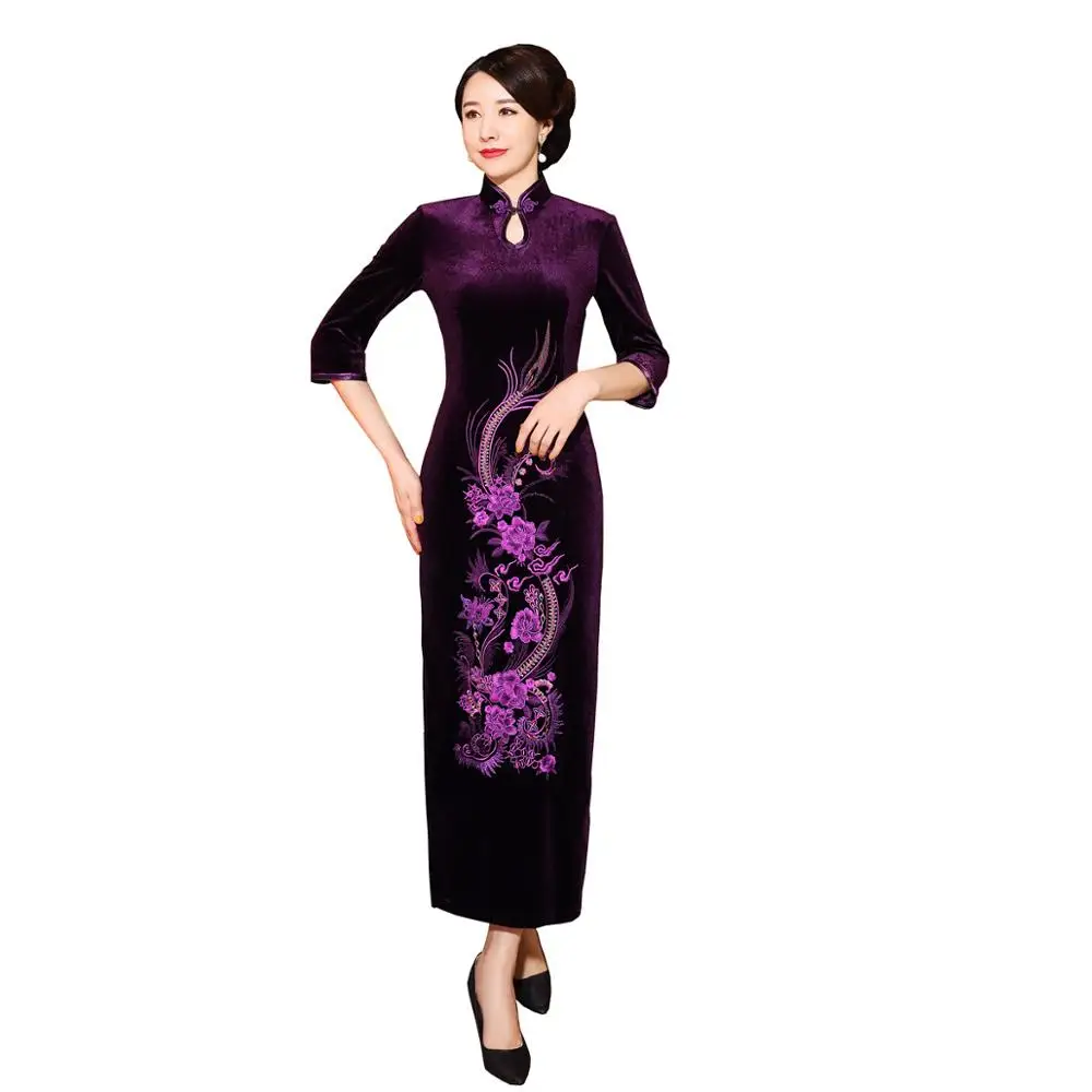 Шанхай история бархат Cheongsam китайское платье вышивка Qipao длинное - Цвет: T0061B