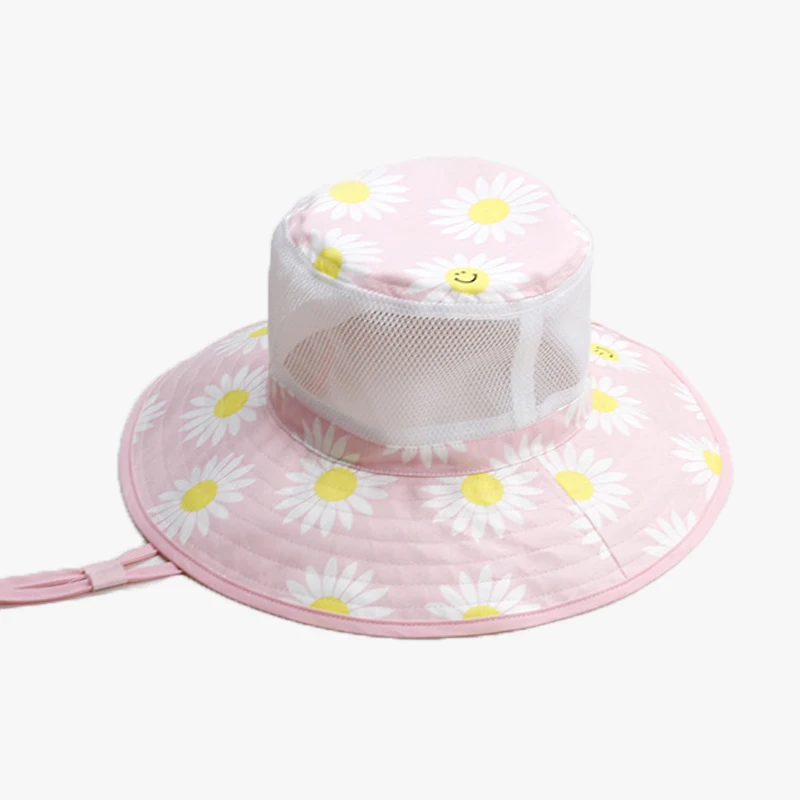 

Summer Hat Girl Sun Beach Pink Bucket Hat Kids Wide Brim String UV Protection Flowers Outdoor Accessory For Toddlers Swimming