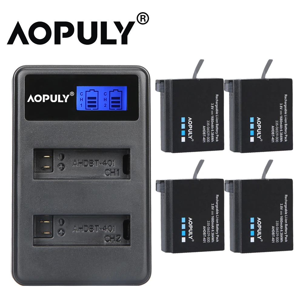 AOPULY 4Pcs 1680mAh Gopro Hero 4 Battery Replacement + LED USB Charger for GoPro HERO4 GoPro AHDBT-401 Action Camera Bateria