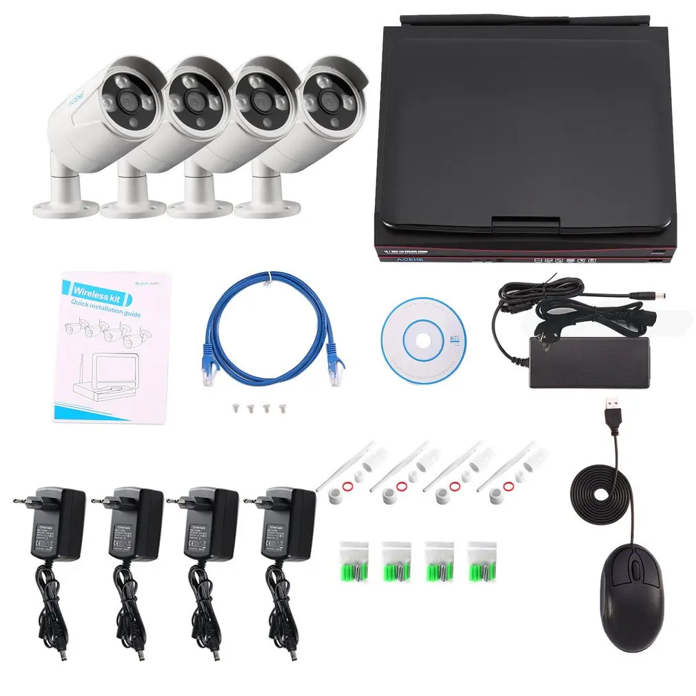 

4Channel 720P Wifi Security Camera System with 10.1" Monitor Home Surveillance Camera 4pcs Wireless IP Bullet Cameras