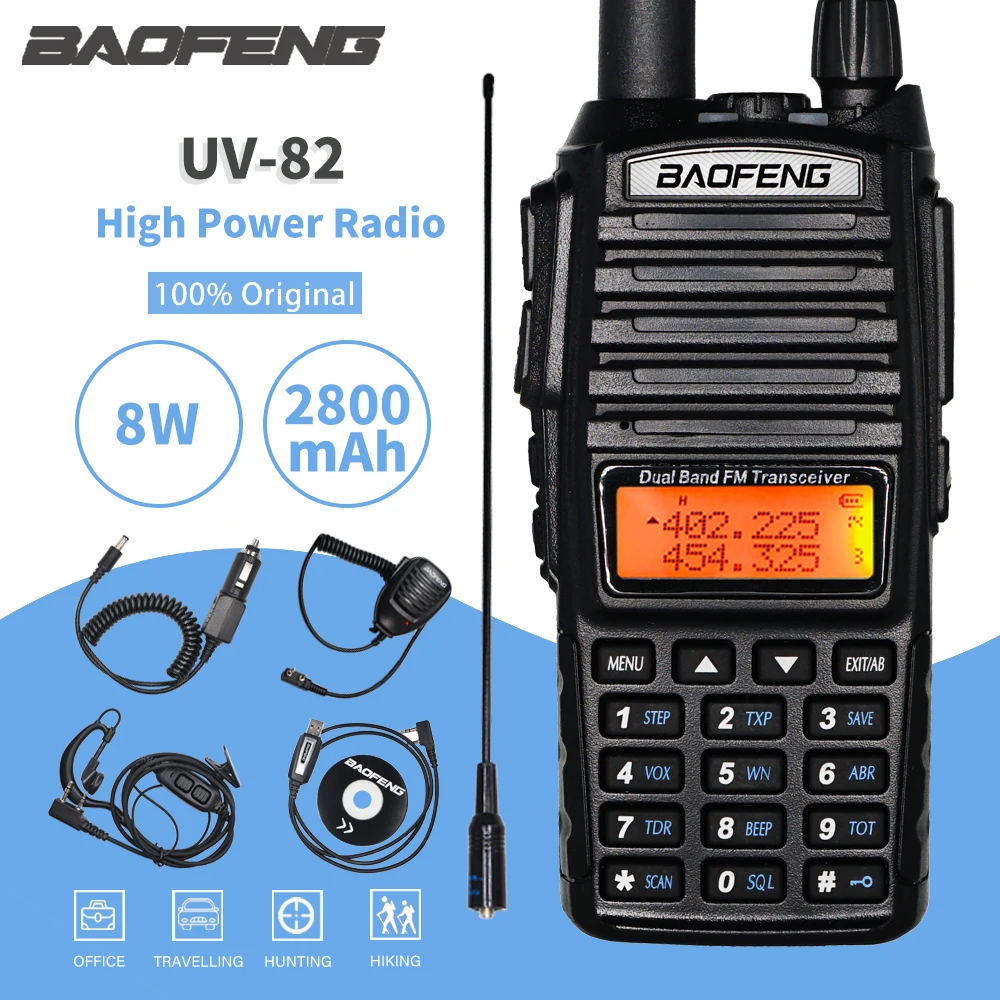 

High Power 8W Baofeng UV-82 Walkie Talkie UV82 Dual Band VHF/UHF FM Transceiver 10KM Long Range Hunting Two Way Ham CB Radio