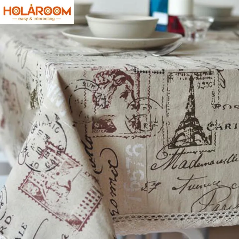 Linen Cotton Tablecloth Printed Lace Edge Rectangular Table Cloth Multi
