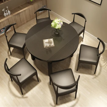 

Nordic Solid Wood Circle Dining Tables and Chairs Set Modern Minimalist huo shao shi Collapsible Table