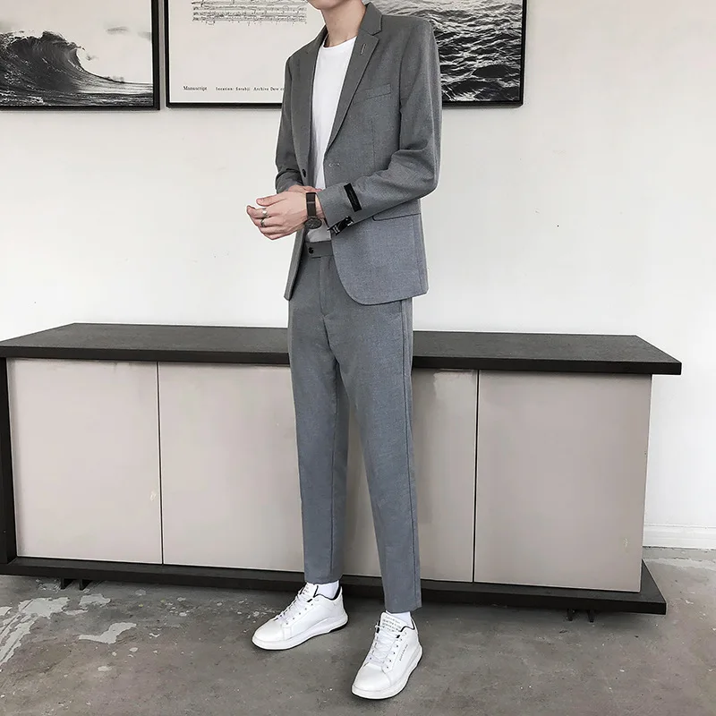 grey suit trousers EWQ/костюм для мужчин, модный красивый умный повседневный мужской костюм, деловой английский стиль, Блейзер, пиджак, брюки, комплект из 2 предметов для мужчин Y0056 - Цвет: grey suit trousers
