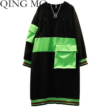 

QING MO Black Large Size Women Dress 2020 Autumn Contrast Color Pullover Dress Patchwork Long Sleeve Dress With Pocket LHXX306