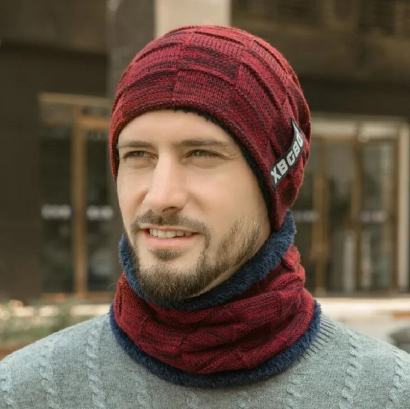 Мужские зимние шапочки, теплые, 2 шт., вязаная шапка, шарф, набор с уплотненным бархатом внутри, высокая эластичность, Мужская крутая шапка