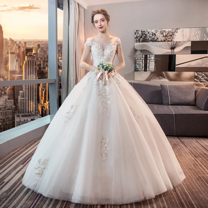 

Boat Neck Wedding Dress 2020 New Bride Dress Korean European American Court Princess Simple Large Size Floor Length Lace Gowns