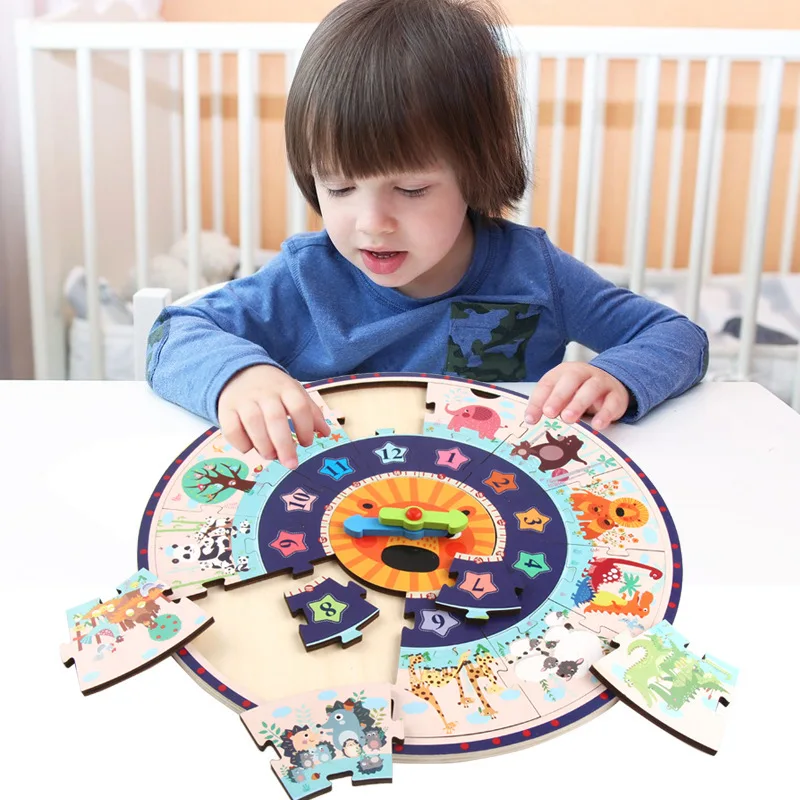 

Wooden-in-Jigsaw Puzzle Clock Children Early Childhood Educational Understanding Time Shape Matching Desktop Wooden Toys