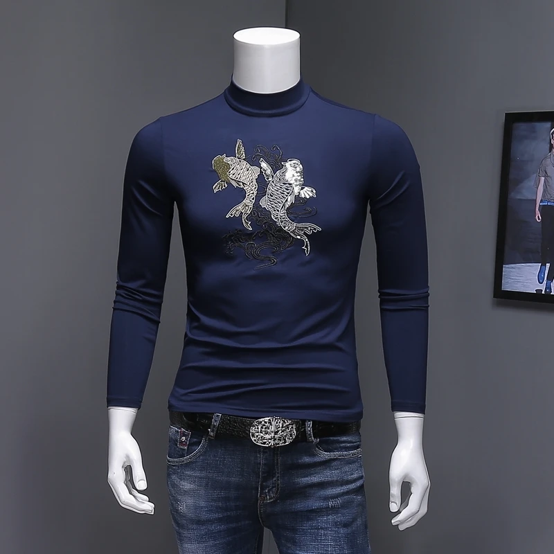 Вышивка Повседневная футболка с длинным рукавом Половина Водолазка Slim Fit Мужская футболка модные мужские s эластичные футболки Плюс Размер 5xl