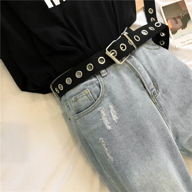 Длинные личности Harajuku кольцо в стиле casual черного цвета с металлическим ремнем и студентов из парусиновой джинсовой ткани талии Ремни прилив серебряной пряжкой