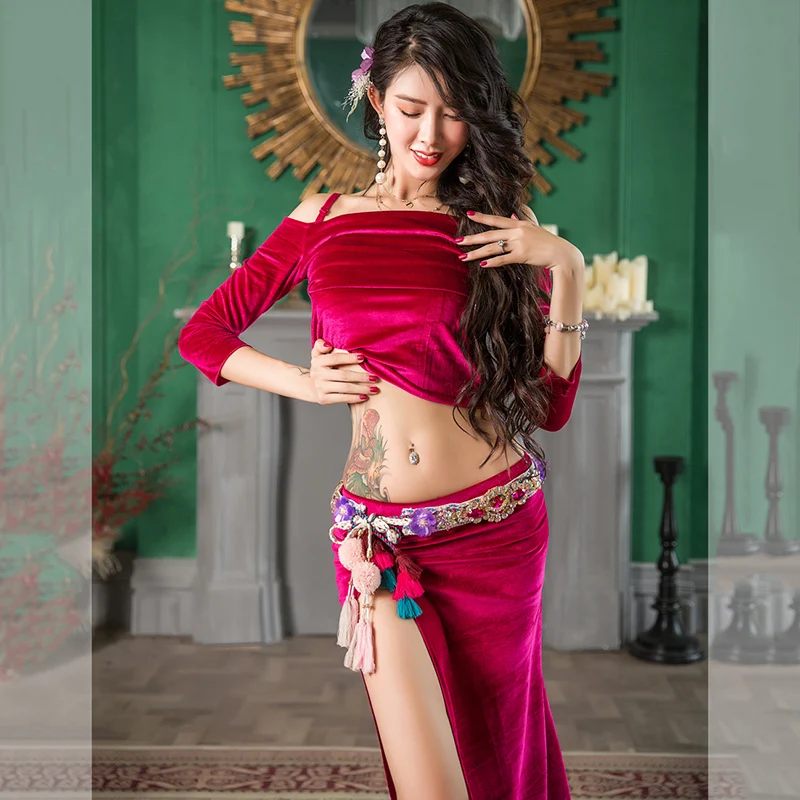 vintage rose red Женский набор костюма для танца живота осень зима танец живота практика тренировочная одежда Vevelt с открытыми плечами Топ Юбка Vevelt танцевальная одежда - Цвет: vintage rose red