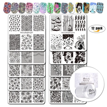 

Beautybigbang Stamping Plate 12Pcs/Set Nail Stamping Starter 10 styles Pattern Nail Stamping Plate with Clear Jelly Stamper