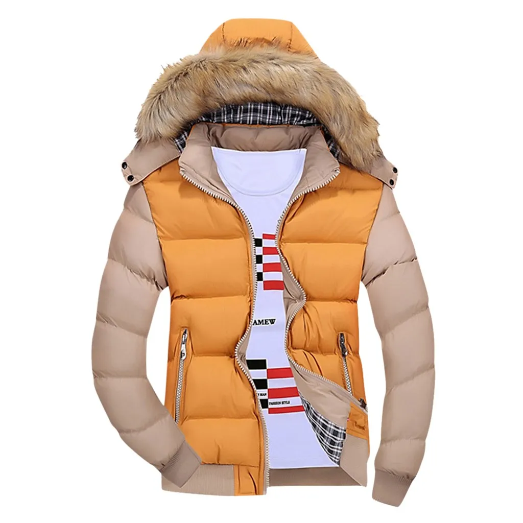Зимняя мужская куртка, пуховик, хлопковое зимнее Стеганое пальто, Классическая парка, Мужская Утепленная куртка с меховым воротником, Мужская ветровка - Цвет: Цвет: желтый