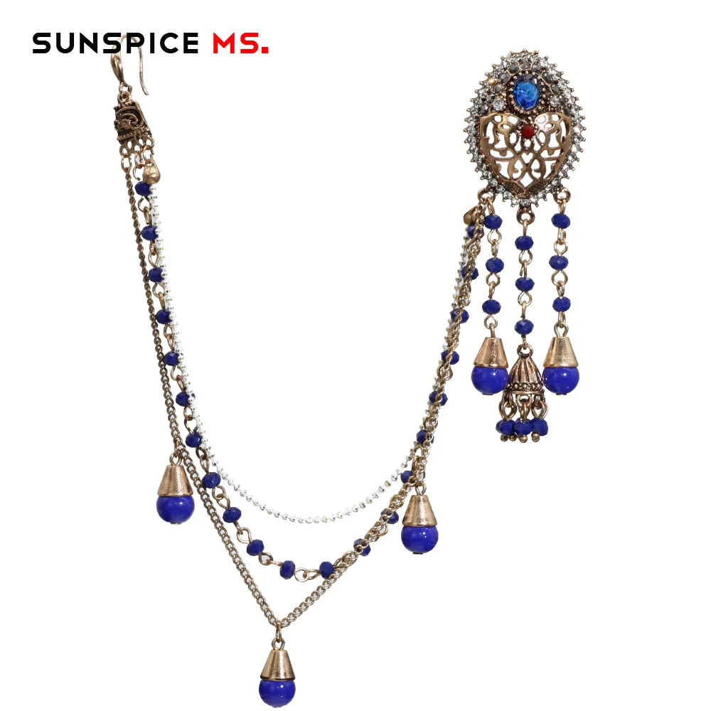 SUNSPICE MS индийские серьги в виде капель с ссылка повязка на голову, натуральный камень, ручной работы цепь под старину цвет золотистый Свадебные ювелирные изделия из жемчуга для женщин Подарки - Окраска металла: LL092blue-right