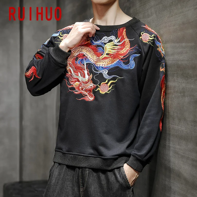 RUIHUO китайский дракон, вышивка, мужская Толстовка Harajuku, мужская Японская уличная одежда, мужские толстовки 5XL, осень