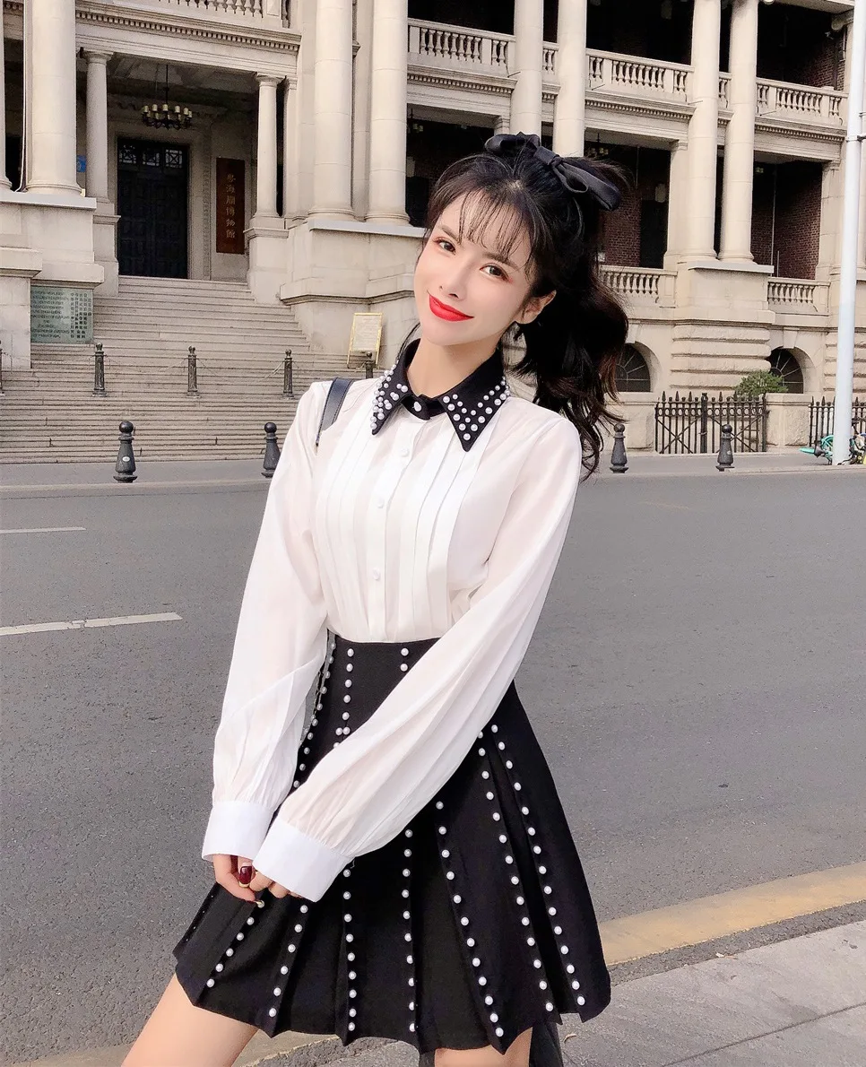 

Photo Shoot Feminine Pearl Collar Chiffon Blouse High-waisted Pleated pai zhu Short Skirt-Style Suit Skirt