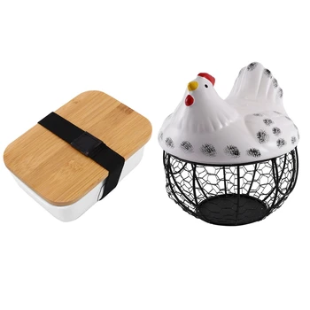 

1 Pcs Microwavable Lunch Box Bamboo Ceramic Bento Box & 1 Pcs Iron Egg Storage Basket Snack Fruit Basket