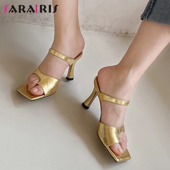 

SARAIRIS 2020 Summer slip-on Heels Mules New Summer Elegant Genuine Leather Mules Women High Heels Dress Shoes Woman